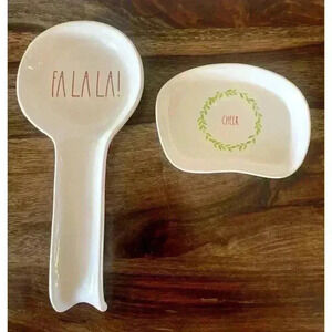 NEW Rae Dunn Spoon Rest Christmas Red lettering & Small Wreath "CHEER" plate SET